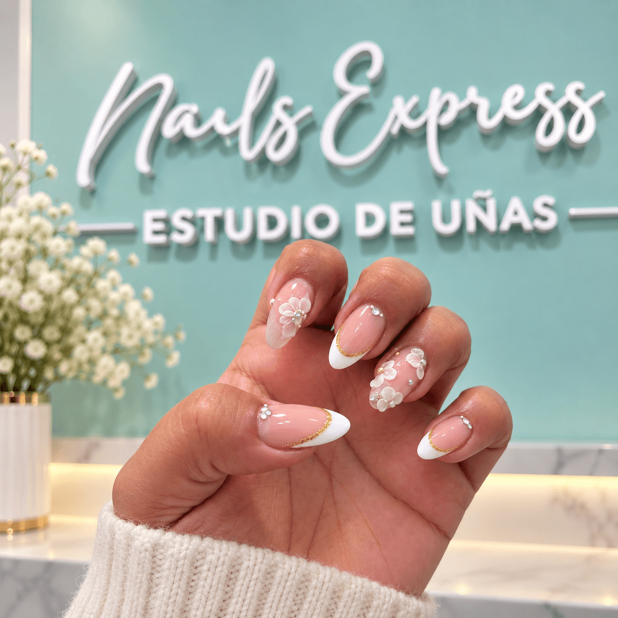 Uñas almendradas en francesa con flores 3D hechas en Nails Express, estudio de uñas en Tacna